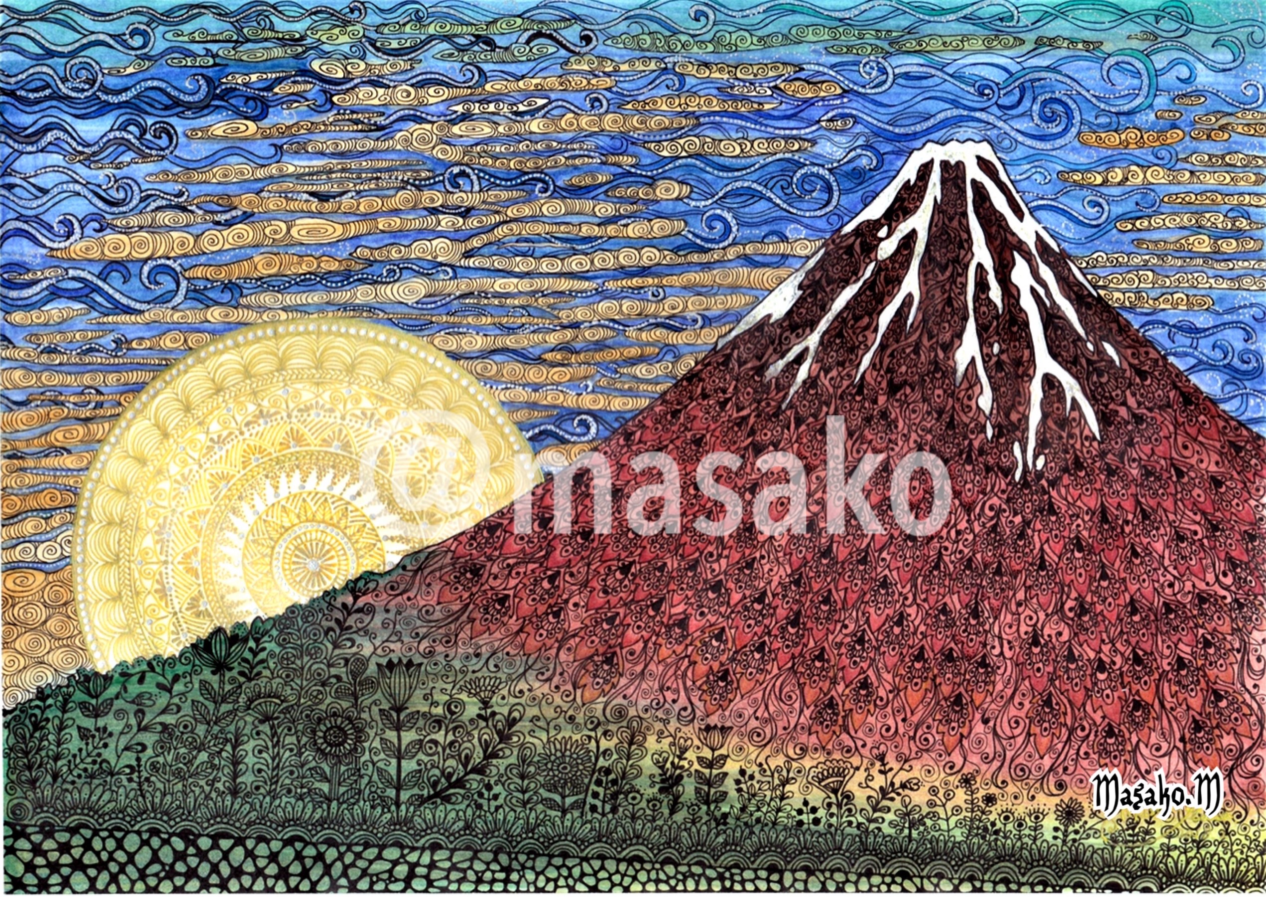 B5 手描きイラストプリント 富士山 山 招福 絵 縁起 赤富士 開運の象徴 開運竹 魚 鯉の滝登り 92 以上節約 絵